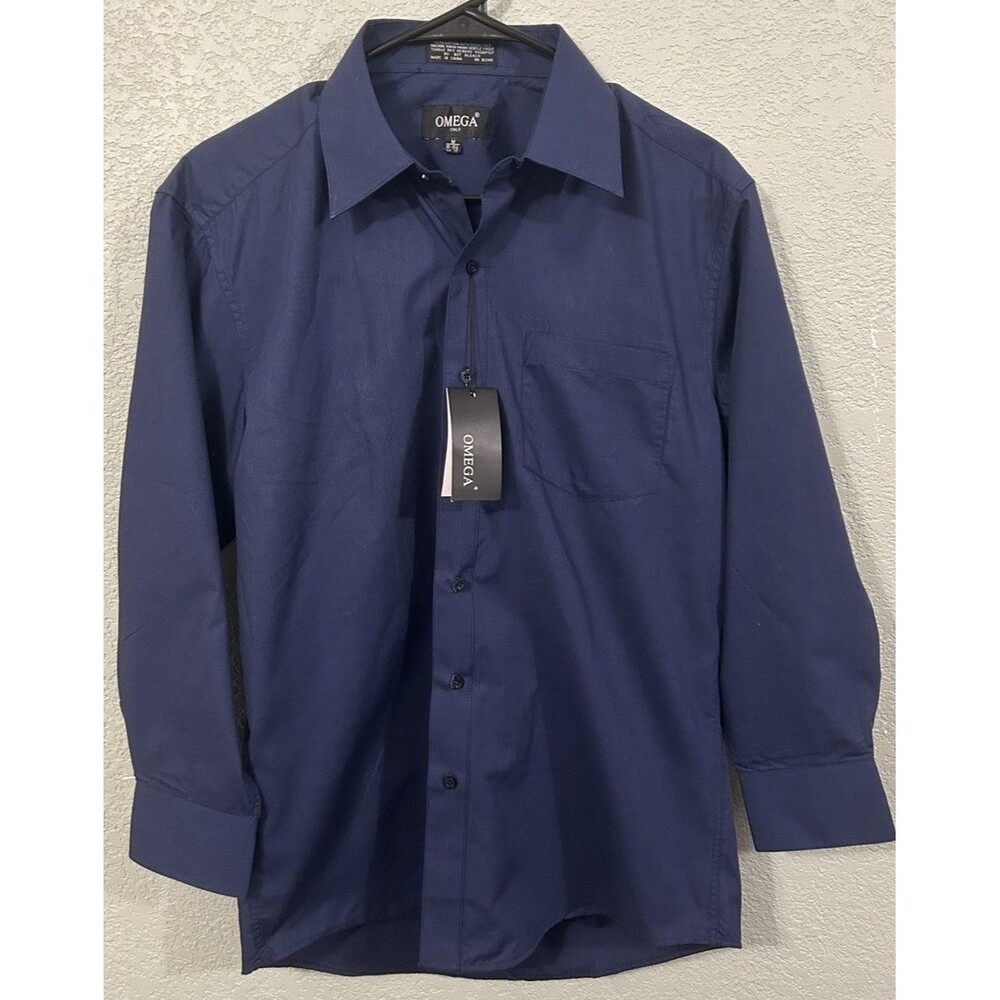 Omega Italy Men's Long Sleeve Dress Shirt Solid Color Regular Fit - Navy Blue